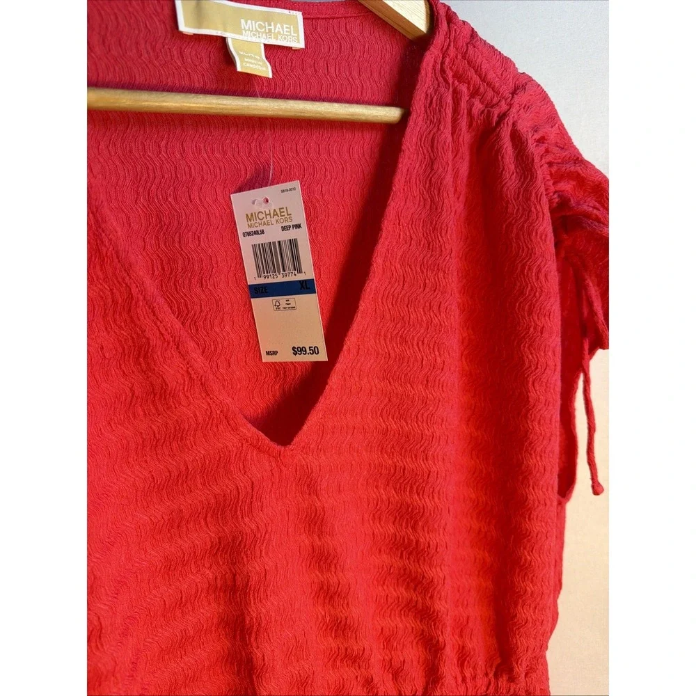 Michael Kors Womens V Neck Crepe Knit Smocked Elastic Waist Top Deep Pink XL NWT